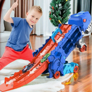Blauer transformierbarer Dinosaurier-Truck mit roter Rennrampe und kleinen Spielzeugautos