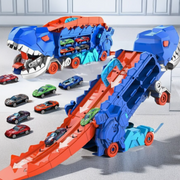 Blauer transformierbarer Dinosaurier-Truck mit roter Rennrampe und kleinen Spielzeugautos