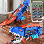 Blauer transformierbarer Dinosaurier-Truck mit roter Rennrampe und kleinen Spielzeugautos