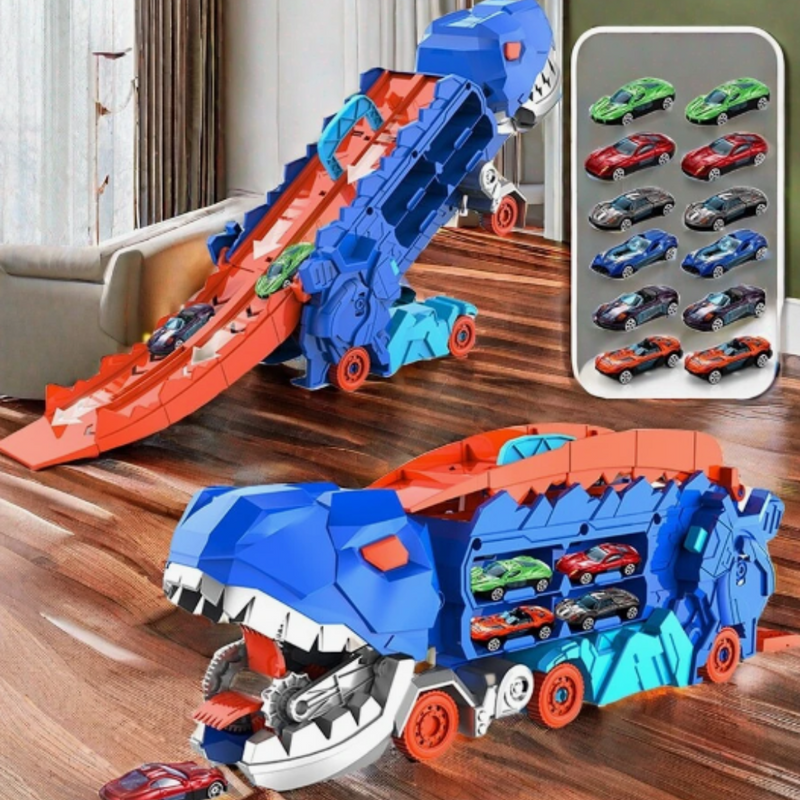 Blauer transformierbarer Dinosaurier-Truck mit roter Rennrampe und kleinen Spielzeugautos