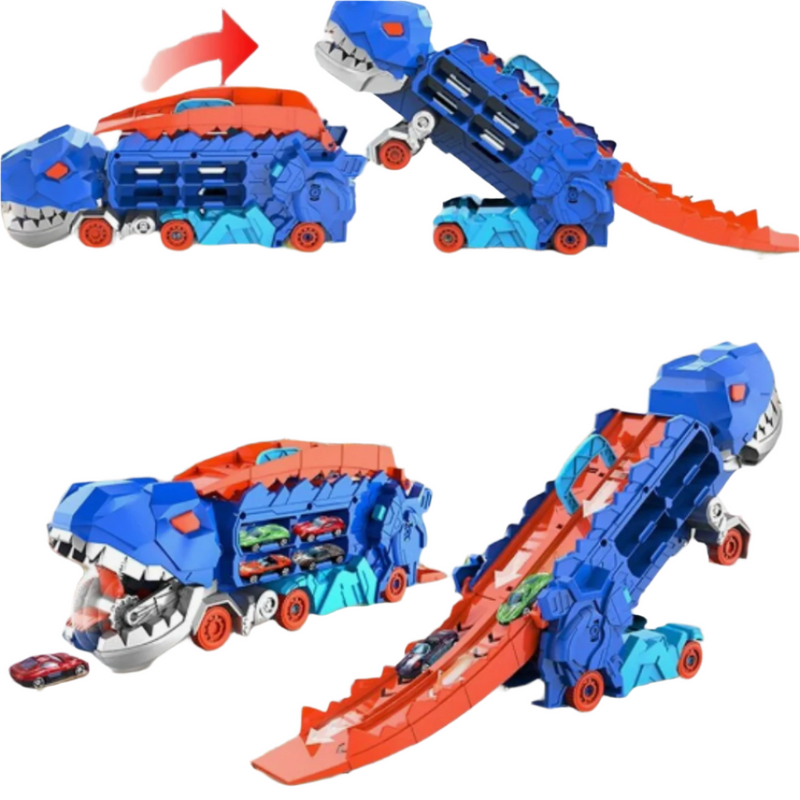 Blauer transformierbarer Dinosaurier-Truck mit roter Rennrampe und kleinen Spielzeugautos