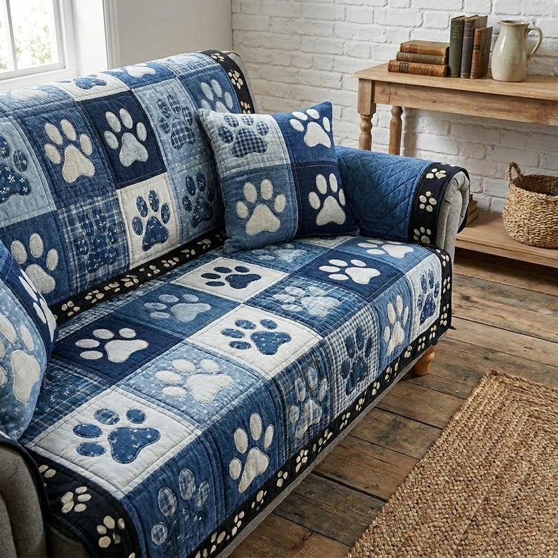 Blauer gesteppter Sofabezug mit Patchwork- und Pfotenmotiven