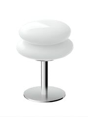 Tischlampe aus Glas mit zweiteiligem Schirm, Metallgestell und runder Basis