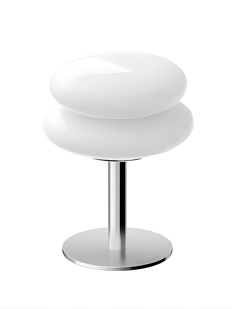 Tischlampe aus Glas mit zweiteiligem Schirm, Metallgestell und runder Basis
