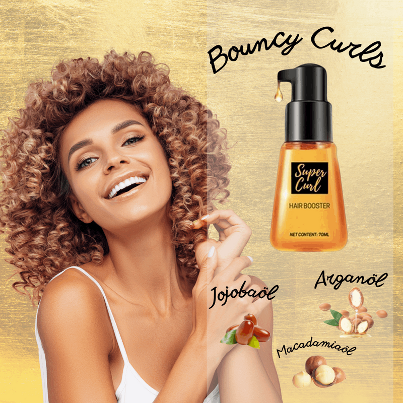 Orangefarbenes Haaröl Super Curl Hair Booster mit schwarzem Pumpspender