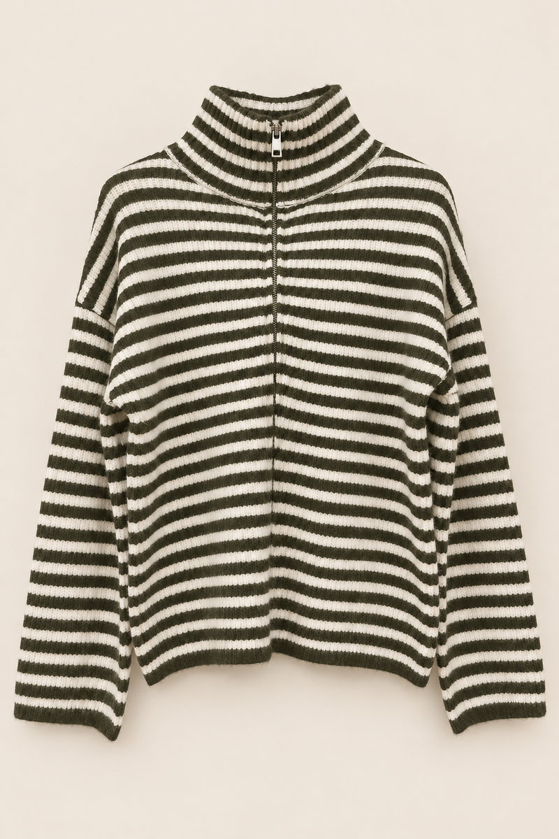 Gestreifte Damen-Strickjacke mit Reißverschluss