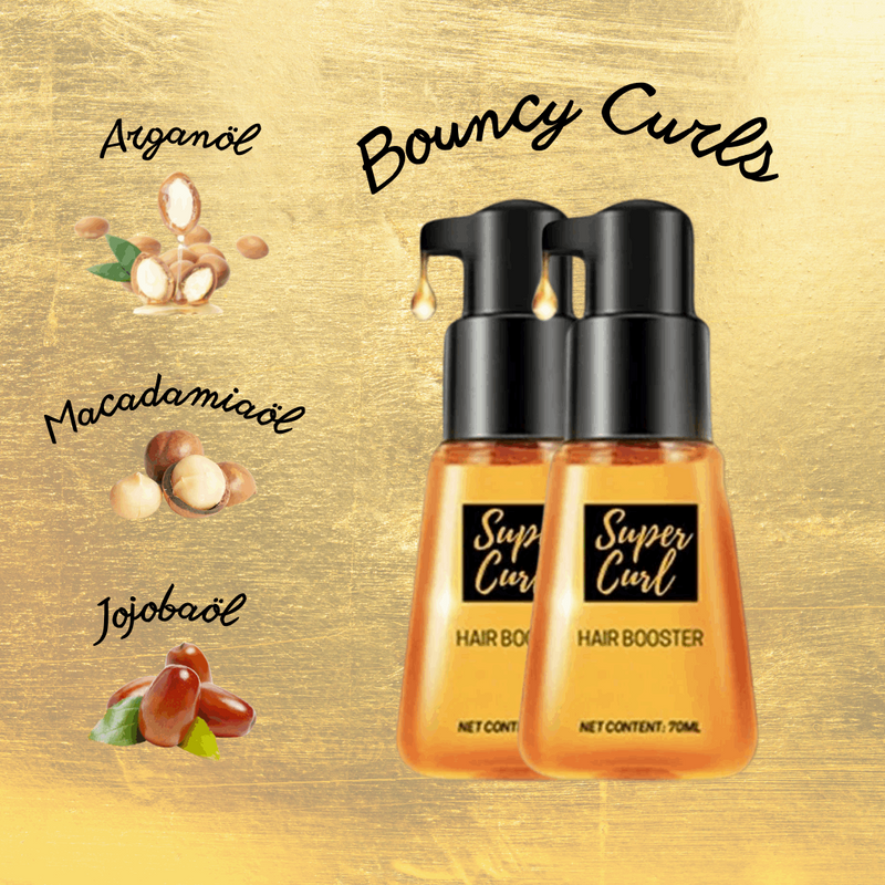 Orangefarbenes Haaröl Super Curl Hair Booster mit schwarzem Pumpspender