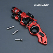 Rot-schwarzes Fidget-Spielzeug im Revolver-Design mit Drehzylinder und silberfarbenen Details