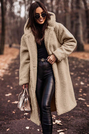 Lange Damen-Teddyjacke mit Kapuze