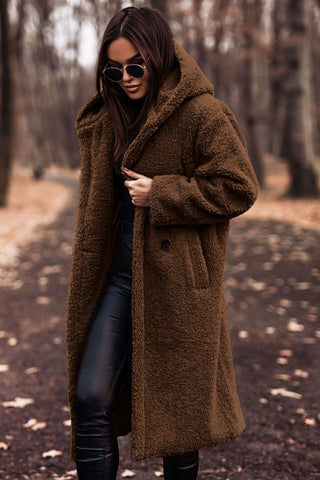 Lange Damen-Teddyjacke mit Kapuze