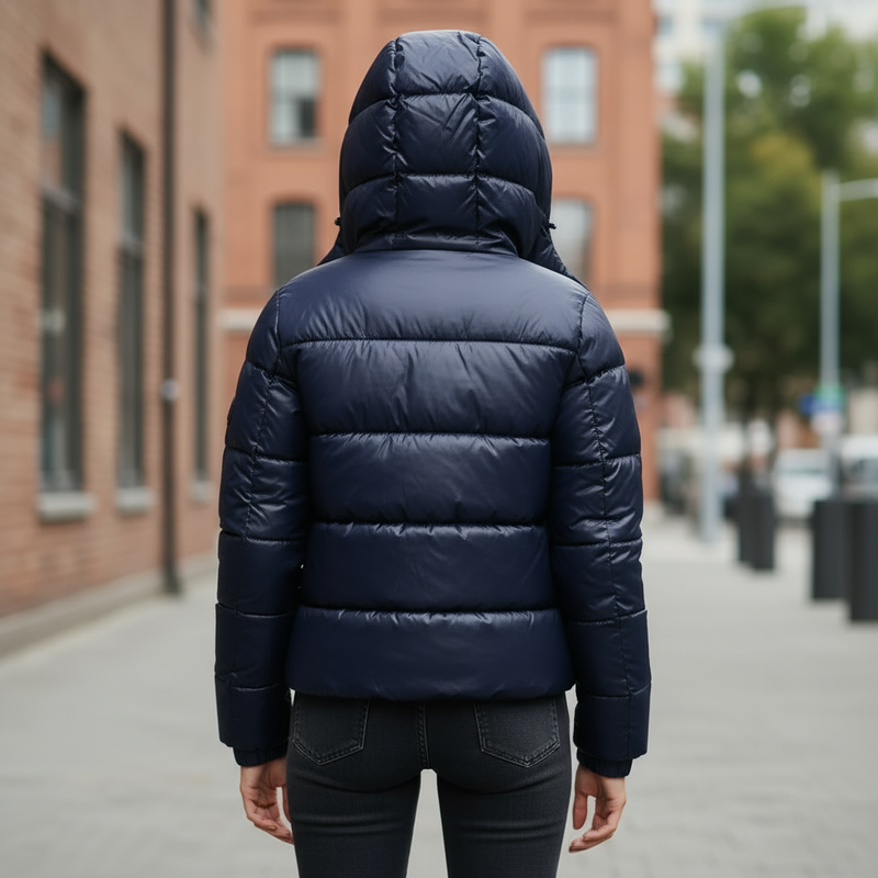 Warme Steppjacke mit Kapuze und leichtem Glanz