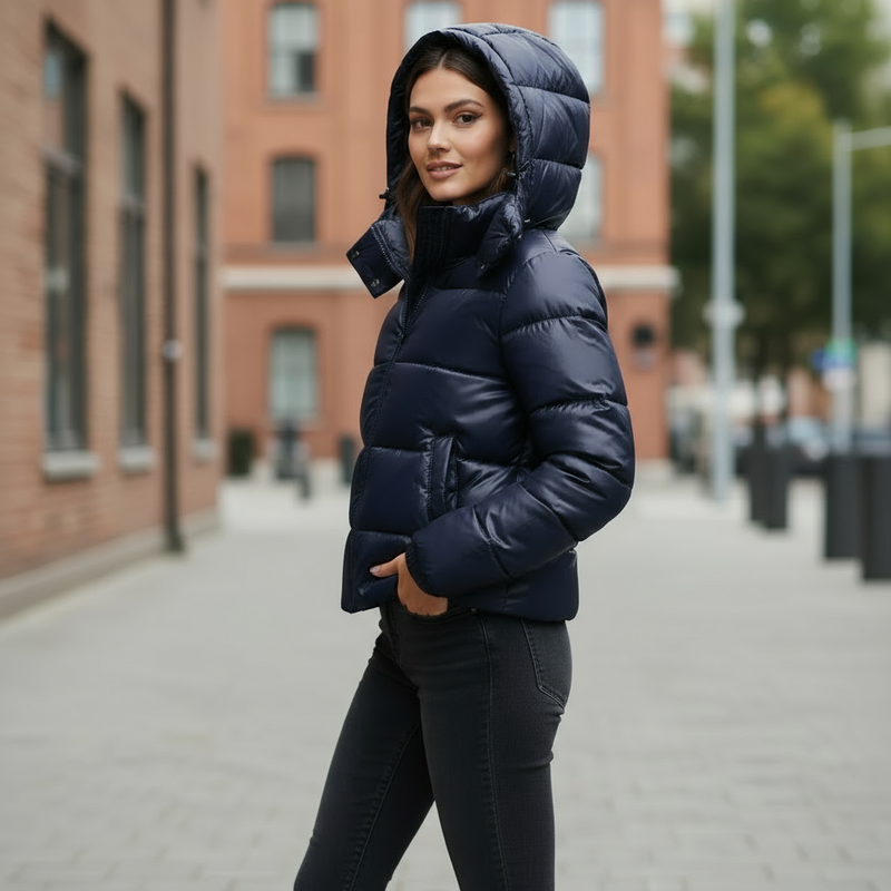Warme Steppjacke mit Kapuze und leichtem Glanz