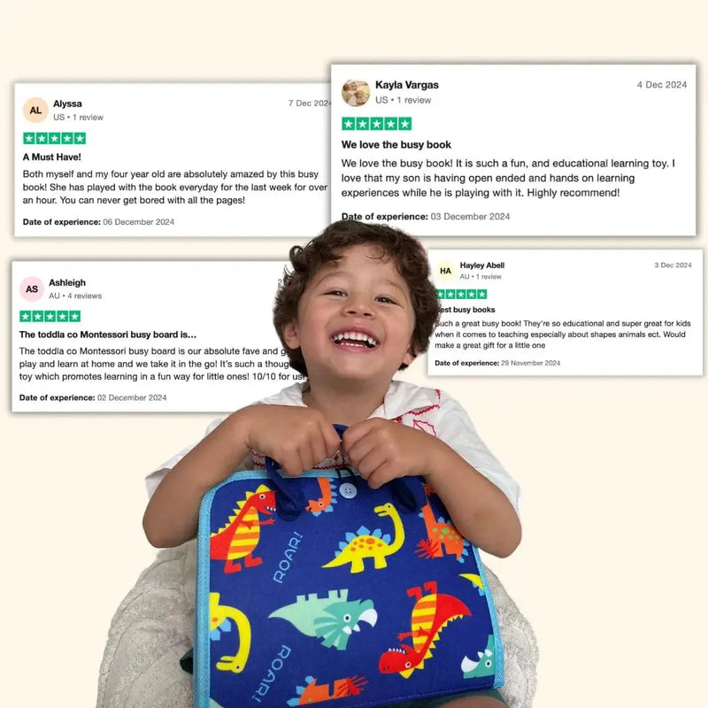 Buntes Montessori-Beschäftigungsboard mit Verschlüssen, Lernseiten und Tragegriffen