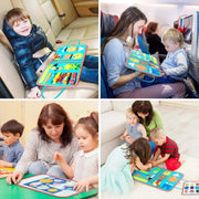 Buntes Montessori-Beschäftigungsboard mit Verschlüssen, Lernseiten und Tragegriffen
