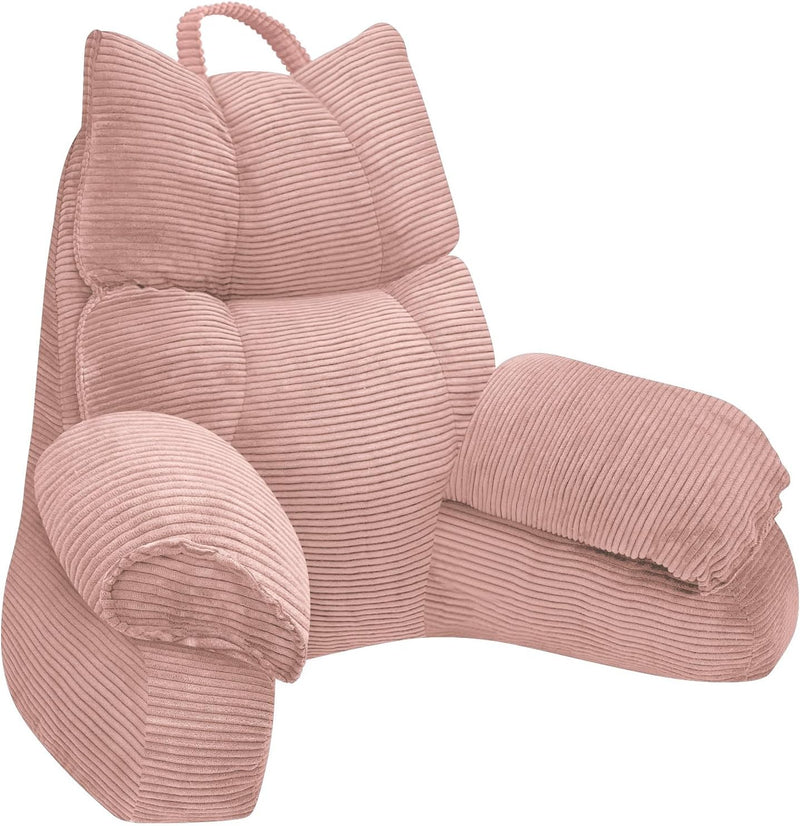 Gepolstertes Lesekissen mit hoher Rückenlehne und seitlichen Armstützen auf einem Bett