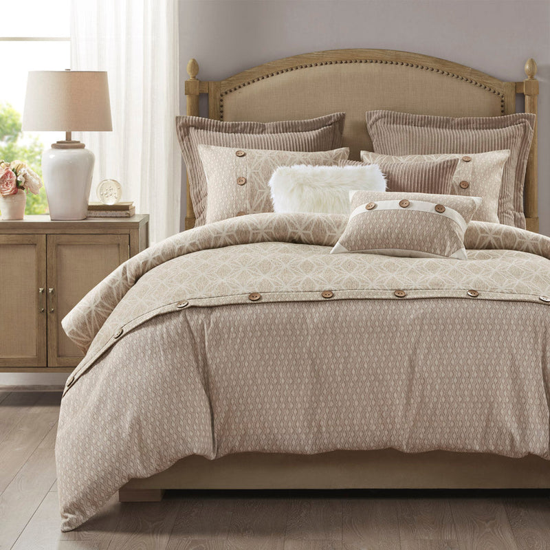 9-teiliges Bettwäsche-Set in Taupe mit geometrischem Jacquardmuster und dekorativen Knöpfen