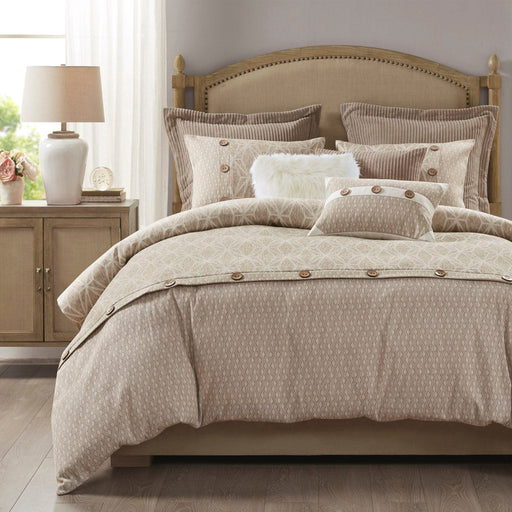 9-teiliges Bettwäsche-Set in Taupe mit geometrischem Jacquardmuster und dekorativen Knöpfen