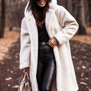 Lange Damen-Teddyjacke mit Kapuze