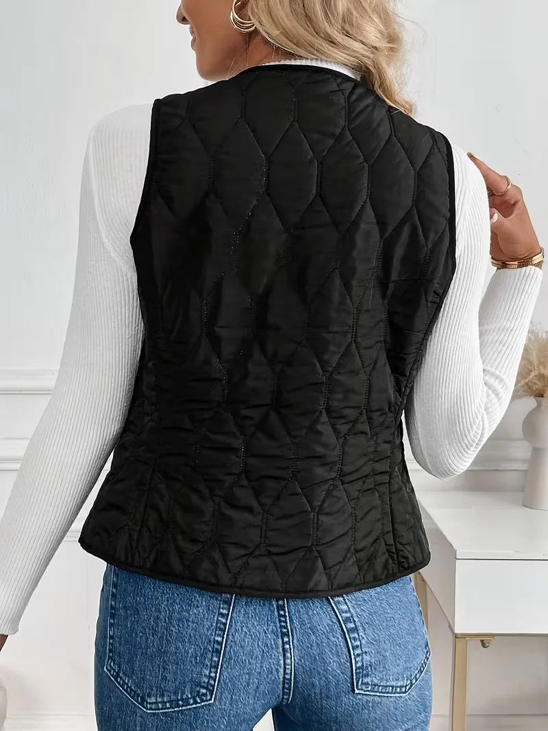 Schwarze ärmellose Steppweste mit Knopfleiste und Taschen