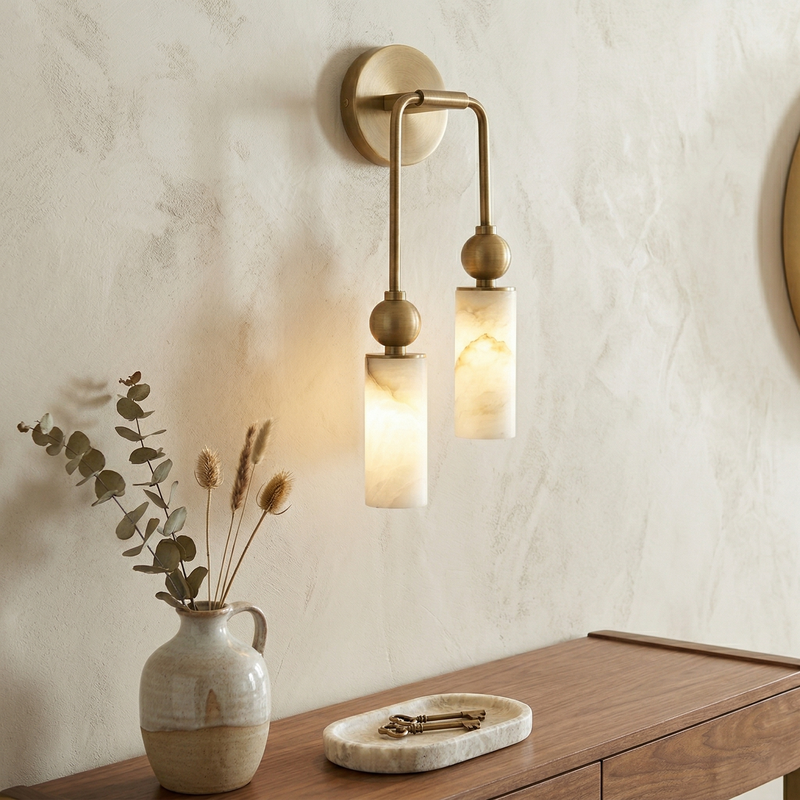 Goldene Wandleuchte mit zwei hellen Alabaster-Schirmen