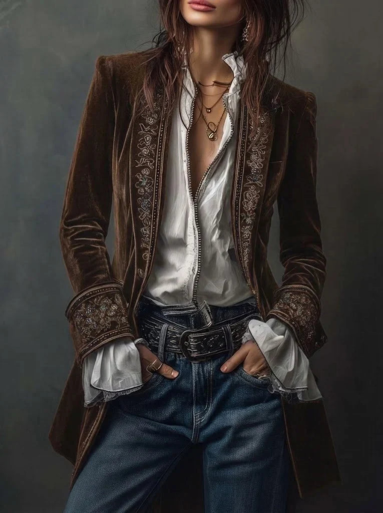 Lange Samtjacke mit Stickerei