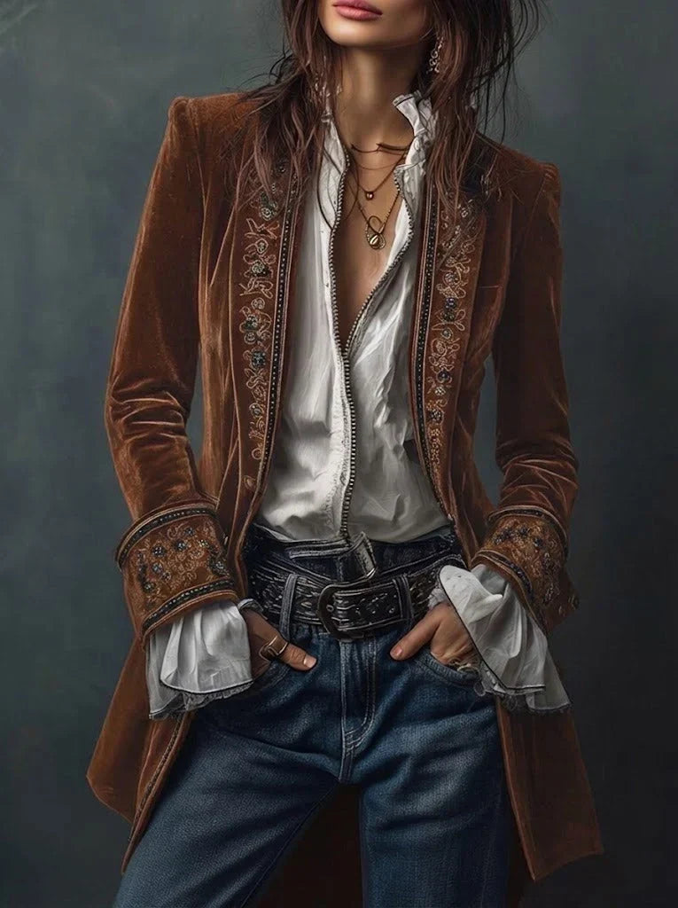 Lange Samtjacke mit Stickerei