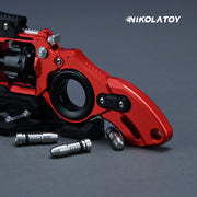 Rot-schwarzes Fidget-Spielzeug im Revolver-Design mit Drehzylinder und silberfarbenen Details