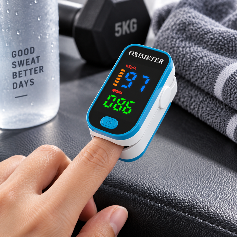 Kompaktes Finger-Pulsoximeter mit beleuchtetem Display am Finger