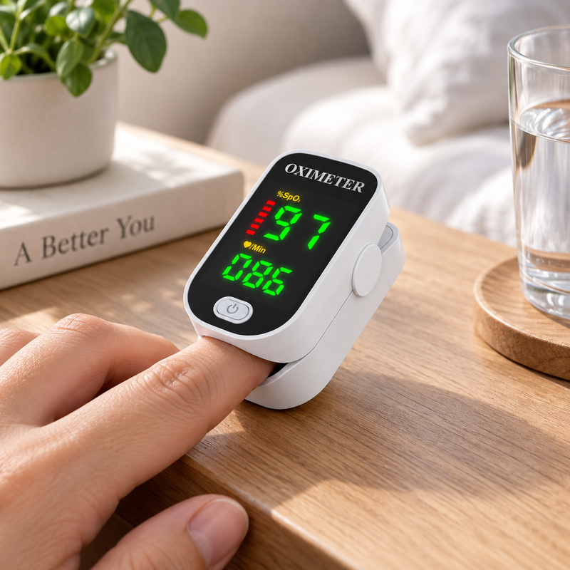 Kompaktes Finger-Pulsoximeter mit beleuchtetem Display am Finger