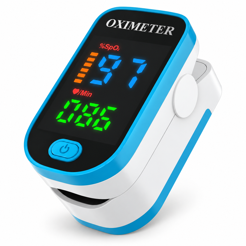 Kompaktes Finger-Pulsoximeter mit beleuchtetem Display am Finger