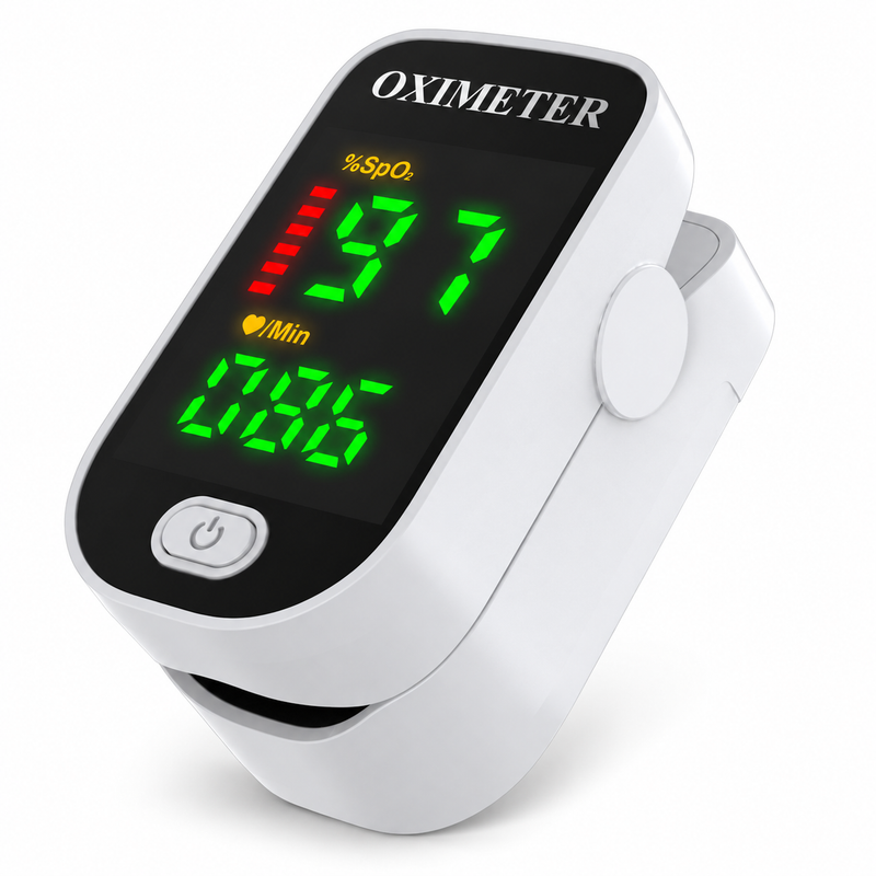 Kompaktes Finger-Pulsoximeter mit beleuchtetem Display am Finger