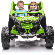 Grüner zweisitziger Kinder-Elektrobuggy mit Überrollbügeln und profilierten Reifen