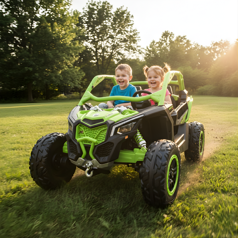 Grüner zweisitziger Kinder-Elektrobuggy mit Überrollbügeln und profilierten Reifen