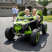 Grüner zweisitziger Kinder-Elektrobuggy mit Überrollbügeln und profilierten Reifen