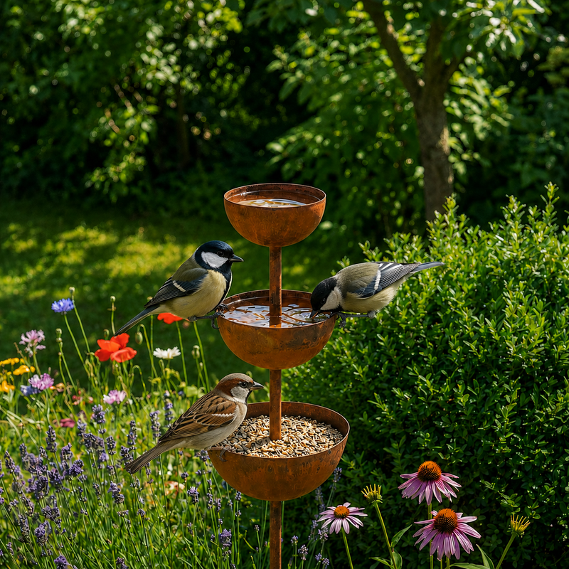 Rustikale Vogeltränke mit drei Schalen und Erdspieß für den Garten