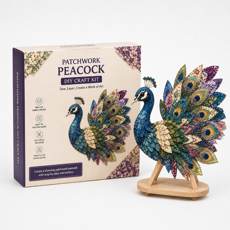 3D-Bastelset für einen dekorativen Patchwork-Vogel mit gemusterten Stoffteilen und Anleitung