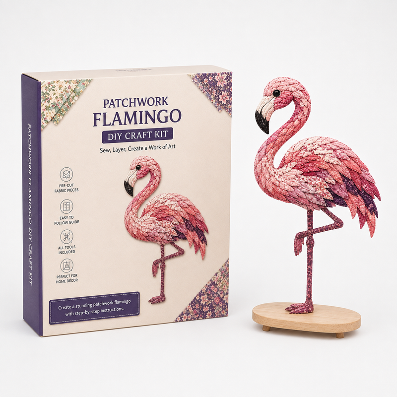 3D-Bastelset für einen dekorativen Patchwork-Vogel mit gemusterten Stoffteilen und Anleitung