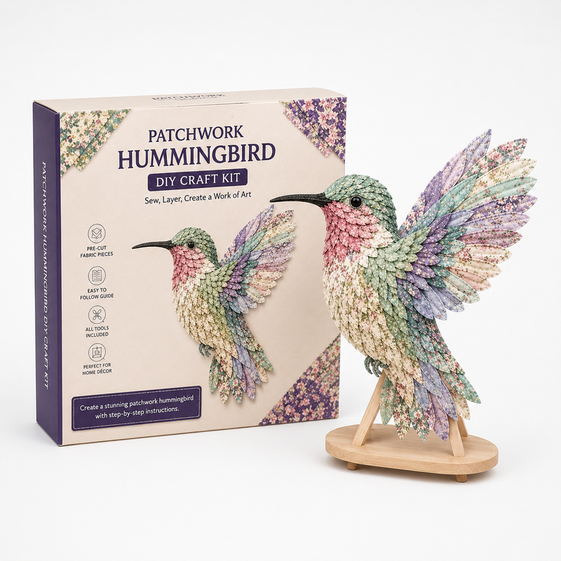 3D-Bastelset für einen dekorativen Patchwork-Vogel mit gemusterten Stoffteilen und Anleitung