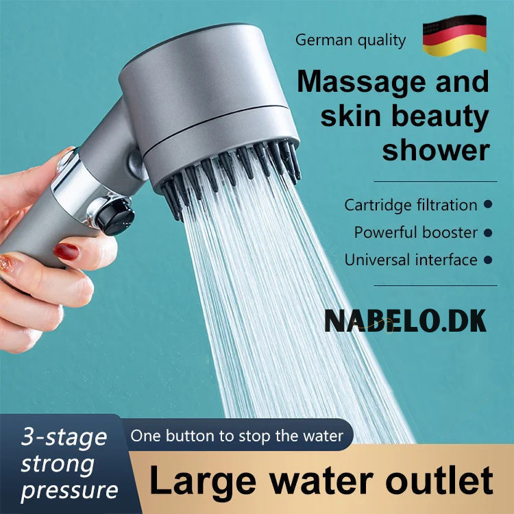 Silberfarbener Handbrause-Duschkopf mit Massageaufsatz und Wasserstopp-Taste