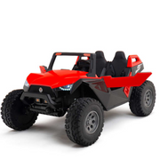 Roter Kinder-Elektrobuggy als Zweisitzer mit großen grobstolligen Reifen