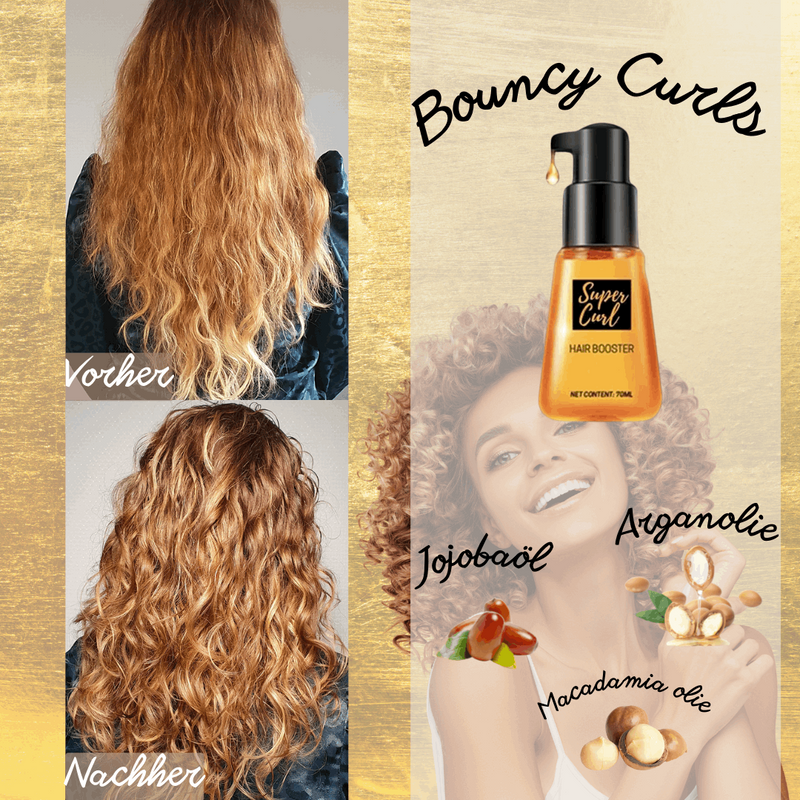 Orangefarbenes Haaröl Super Curl Hair Booster mit schwarzem Pumpspender
