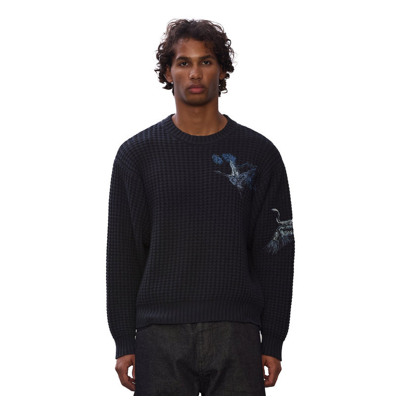 Marineblauer Strickpullover mit Vogel- und Landschaftsmotiv