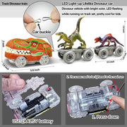 Dinosaurier-Rennbahn mit grüner Strecke, Fahrzeugen, Brücken und Dinosaurierfiguren