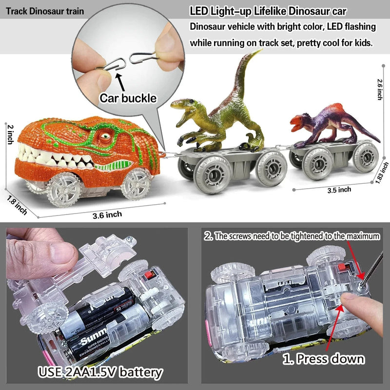 Dinosaurier-Rennbahn mit grüner Strecke, Fahrzeugen, Brücken und Dinosaurierfiguren