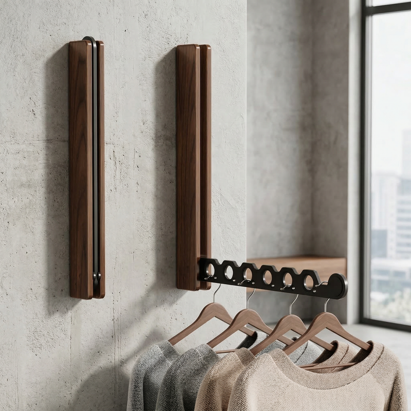 Zusammenklappbare Wandgarderobe mit ausklappbarer Leiste für Kleiderbügel