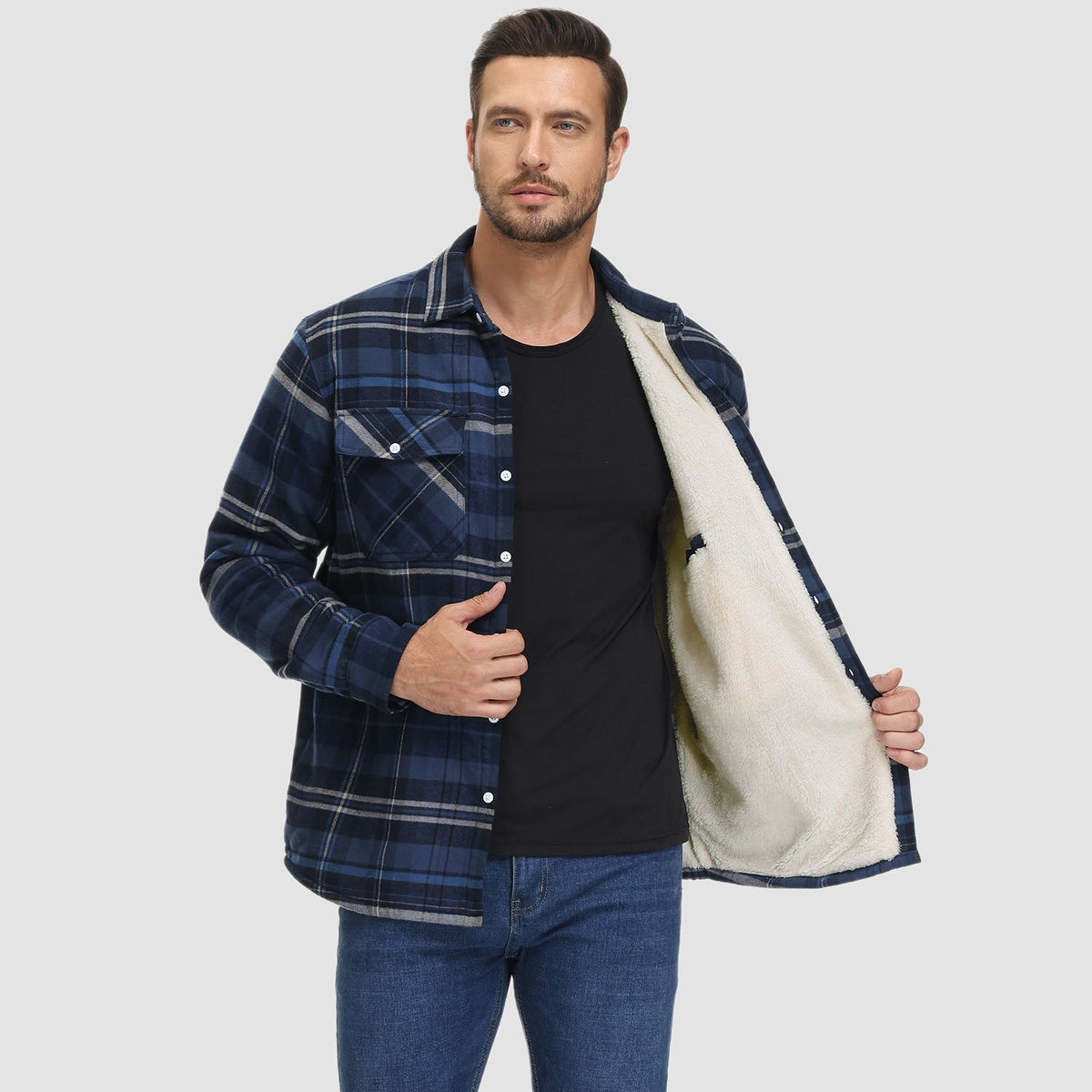 Karierte Herren-Hemdjacke mit Teddyfutter