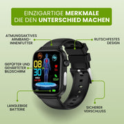 Smartwatch mit rechteckigem Touchdisplay, SOS-Funktion und verstellbarem Armband