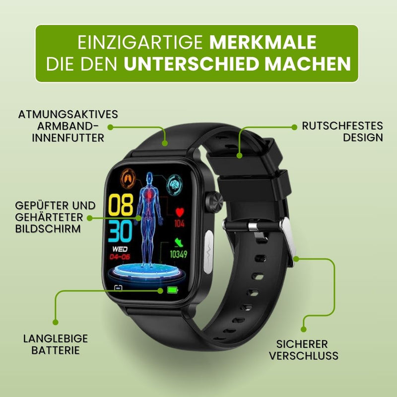 Smartwatch mit rechteckigem Touchdisplay, SOS-Funktion und verstellbarem Armband