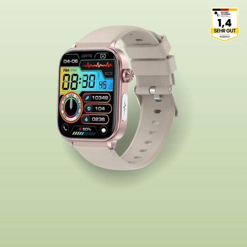 Smartwatch mit rechteckigem Touchdisplay, SOS-Funktion und verstellbarem Armband