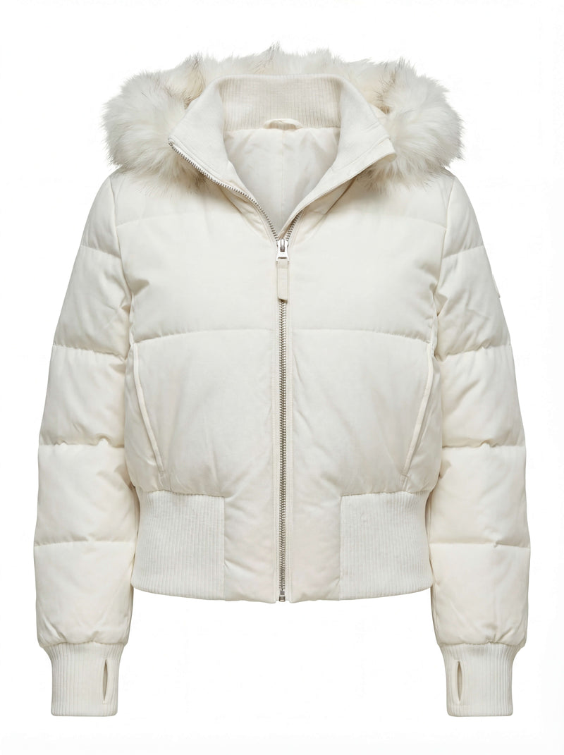 Kurze Damen-Steppjacke mit Fellkapuze